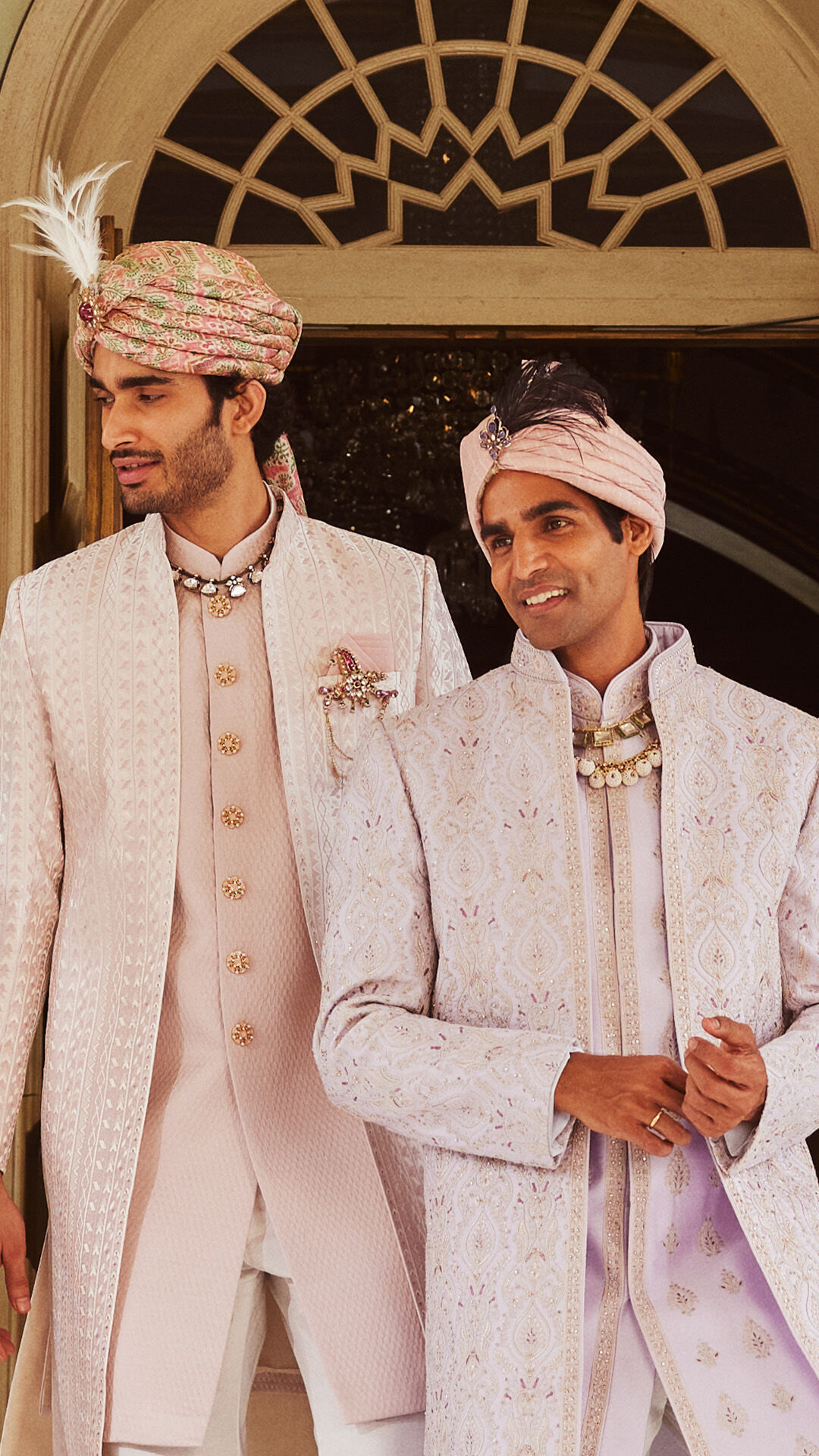 Grooms wearing matching safas with kurtas for wedding